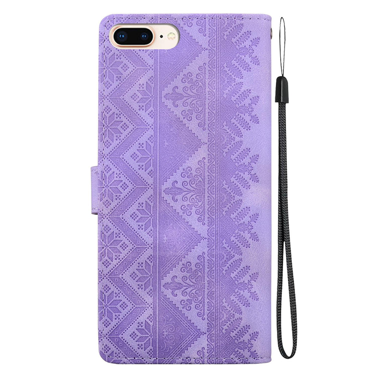 For iPhone 8 Plus / 7 Plus Ethnic Pattern Embossed Vegan Leather Phone Case - Purple - EDA009979029D