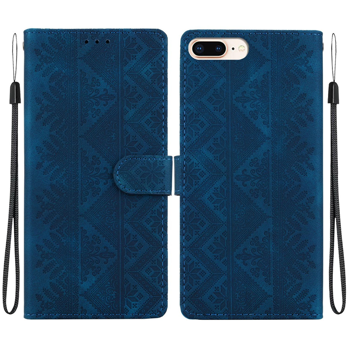For iPhone 8 Plus / 7 Plus Ethnic Pattern Embossed Vegan Leather Phone Case - Dark Blue - EDA009979029E