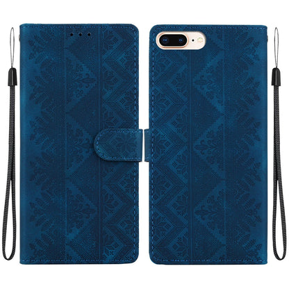 For iPhone 8 Plus / 7 Plus Ethnic Pattern Embossed Vegan Leather Phone Case - Dark Blue - EDA009979029E