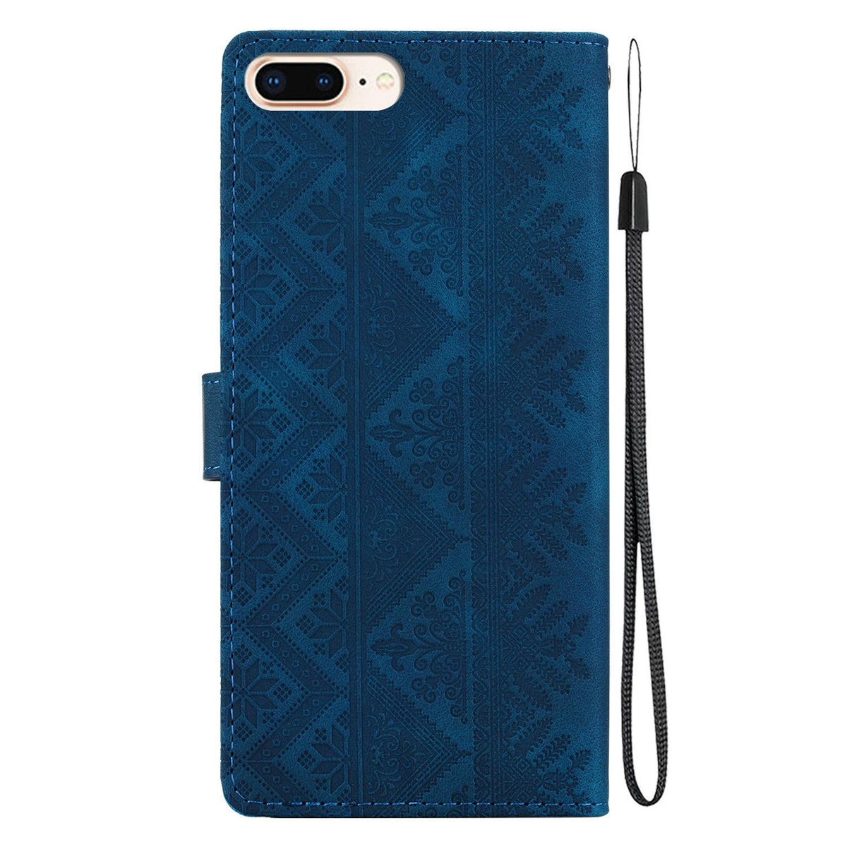 For iPhone 8 Plus / 7 Plus Ethnic Pattern Embossed Vegan Leather Phone Case - Dark Blue - EDA009979029E