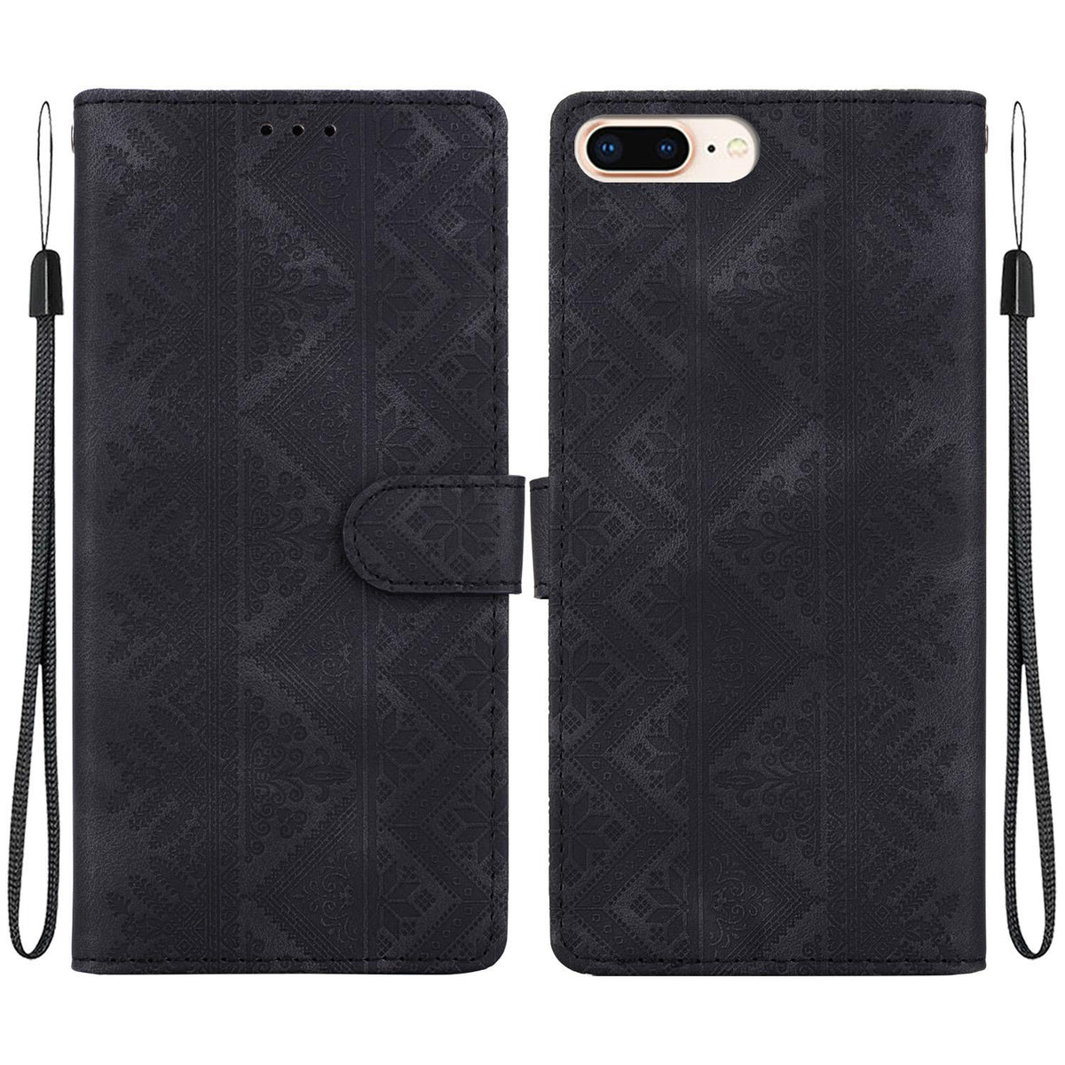 For iPhone 8 Plus / 7 Plus Ethnic Pattern Embossed Vegan Leather Phone Case - Black - EDA009979029F