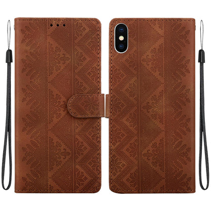 For iPhone XS Max Ethnic Pattern Embossed Vegan Leather Phone Case - Brown - EDA009979030A