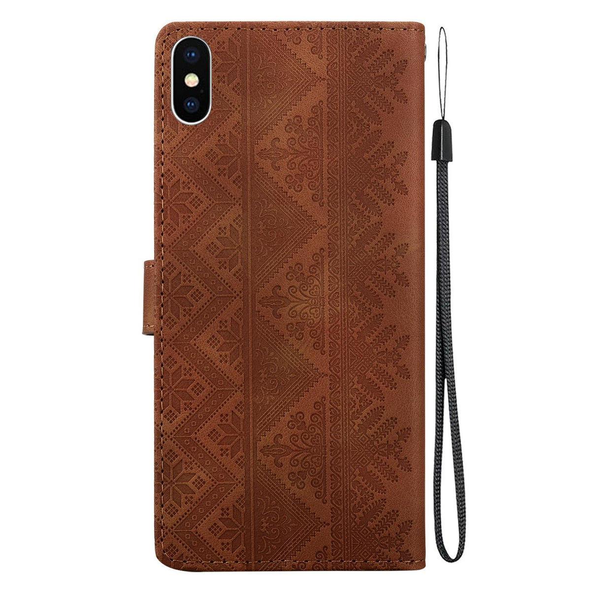 For iPhone XS Max Ethnic Pattern Embossed Vegan Leather Phone Case - Brown - EDA009979030A