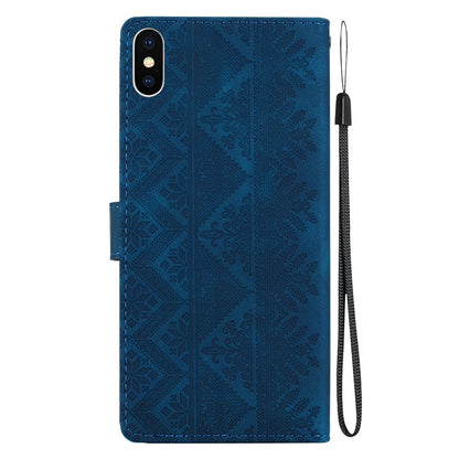 For iPhone XS Max Ethnic Pattern Embossed Vegan Leather Phone Case - Dark Blue - EDA009979030E