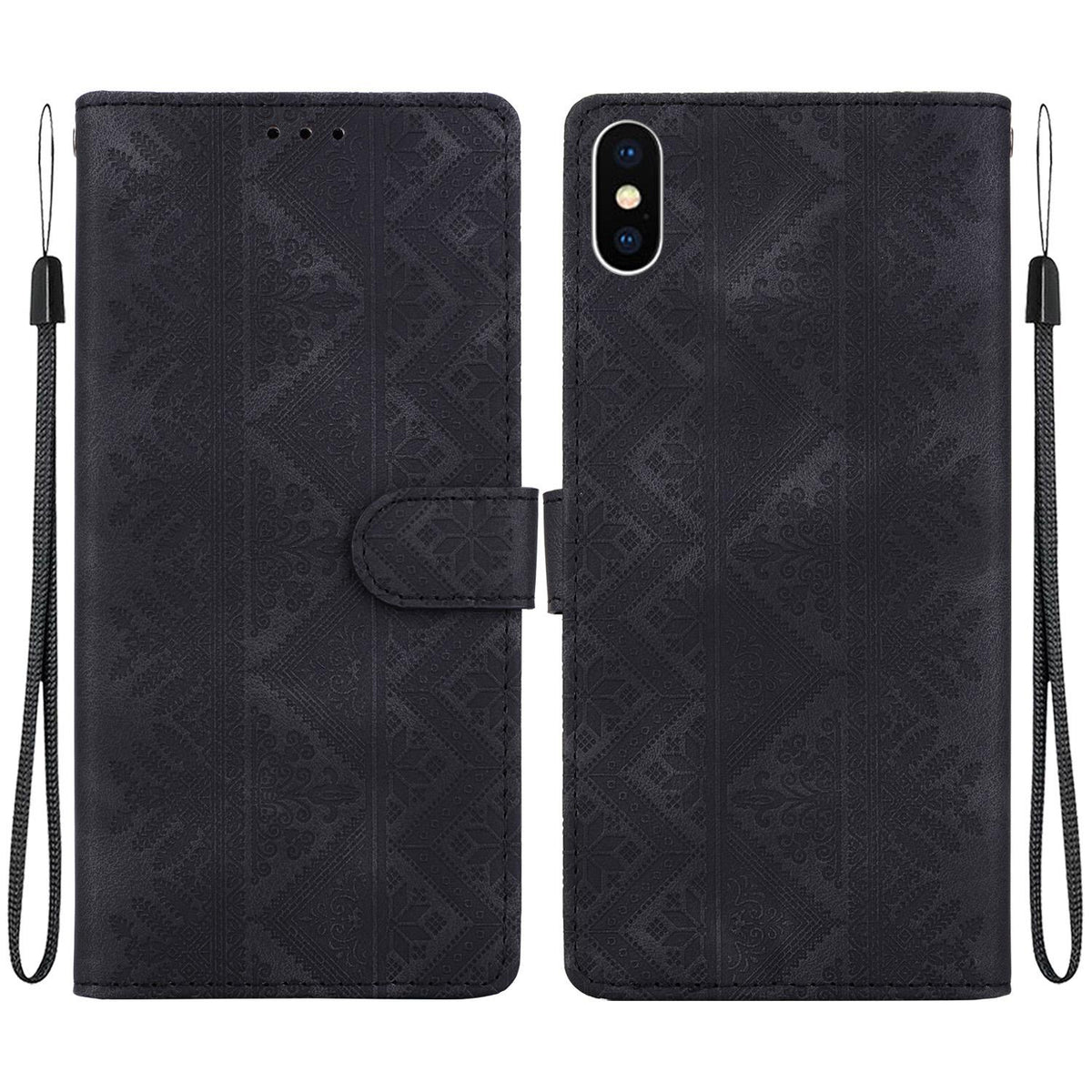 For iPhone XS Max Ethnic Pattern Embossed Vegan Leather Phone Case - Black - EDA009979030F