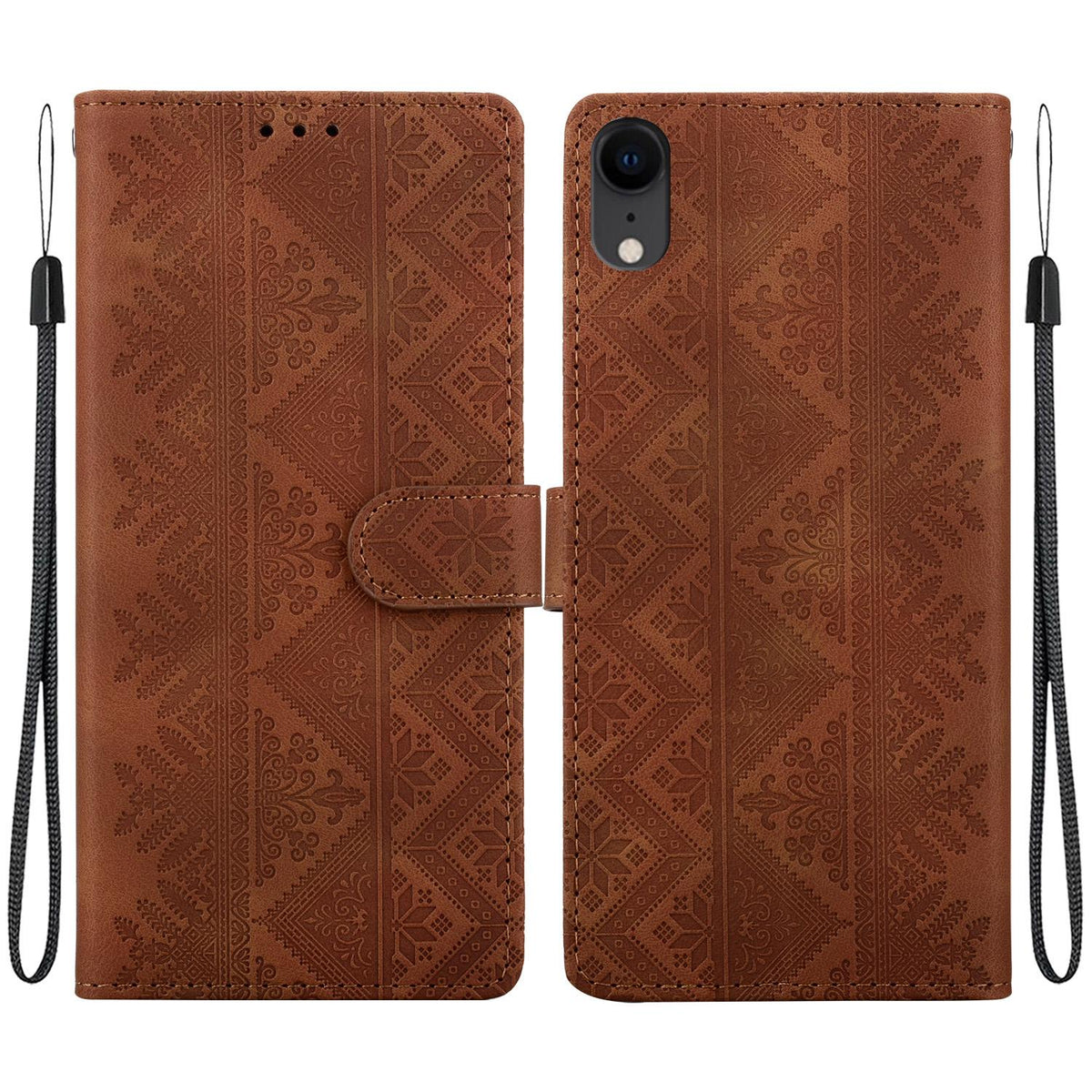 For iPhone XR Ethnic Pattern Embossed Vegan Leather Phone Case - Brown - EDA009979031A