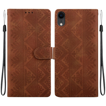 For iPhone XR Ethnic Pattern Embossed Vegan Leather Phone Case - Brown - EDA009979031A