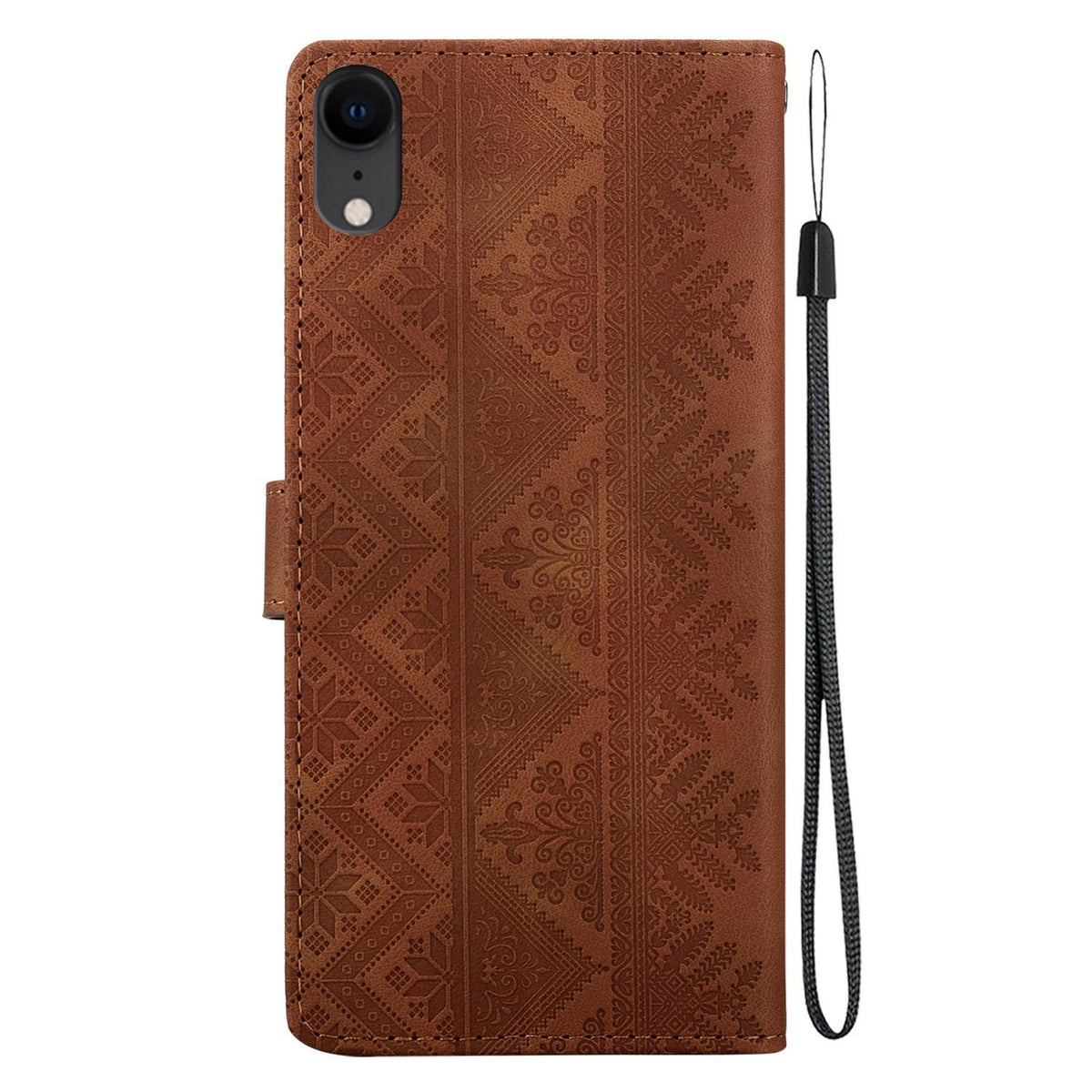 For iPhone XR Ethnic Pattern Embossed Vegan Leather Phone Case - Brown - EDA009979031A