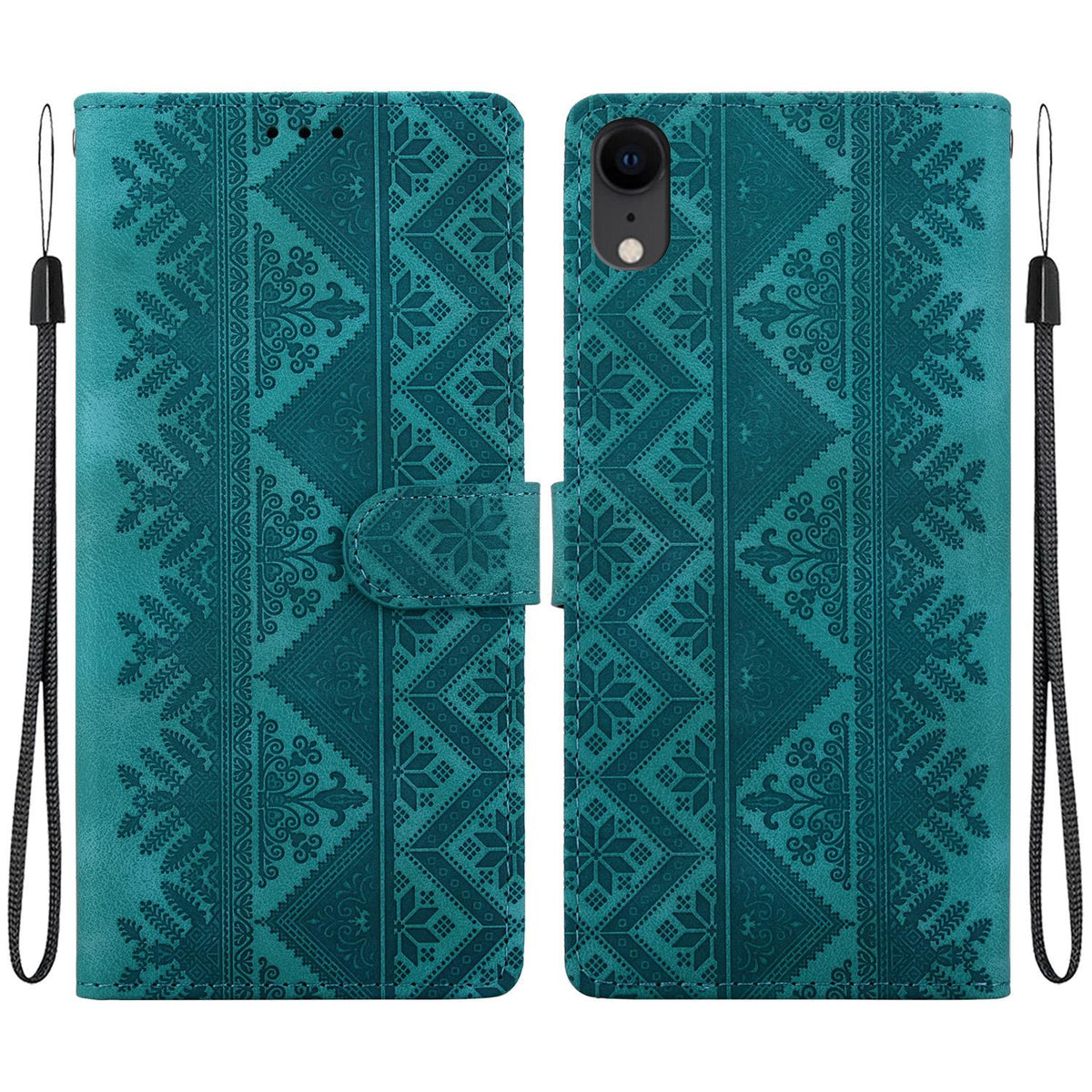 For iPhone XR Ethnic Pattern Embossed Vegan Leather Phone Case - Green - EDA009979031B