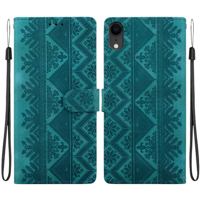 For iPhone XR Ethnic Pattern Embossed Vegan Leather Phone Case - Green - EDA009979031B