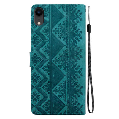 For iPhone XR Ethnic Pattern Embossed Vegan Leather Phone Case - Green - EDA009979031B