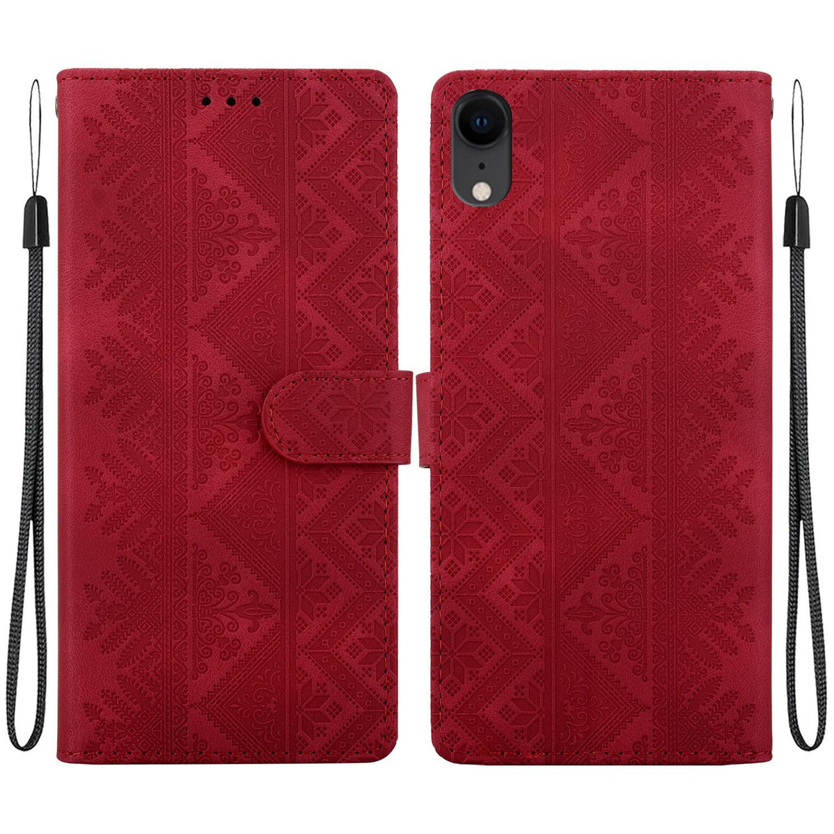 For iPhone XR Ethnic Pattern Embossed Vegan Leather Phone Case - Red - EDA009979031C