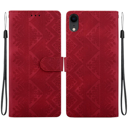 For iPhone XR Ethnic Pattern Embossed Vegan Leather Phone Case - Red - EDA009979031C