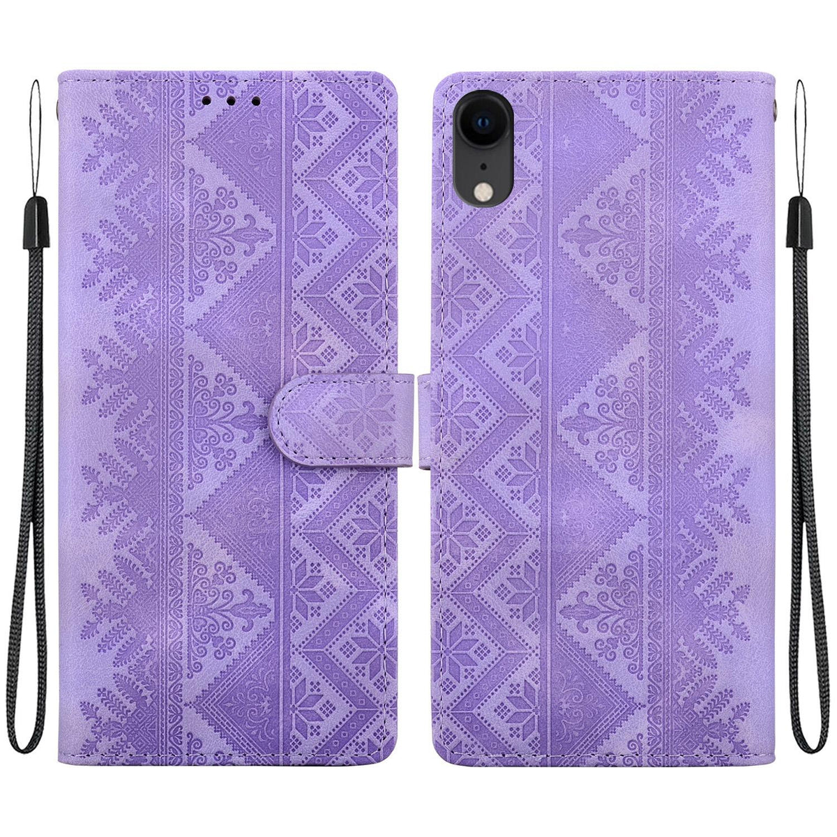 For iPhone XR Ethnic Pattern Embossed Vegan Leather Phone Case - Purple - EDA009979031D
