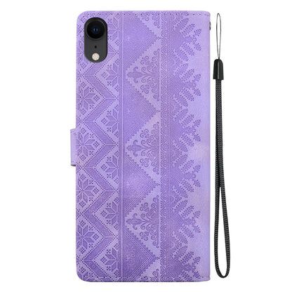 For iPhone XR Ethnic Pattern Embossed Vegan Leather Phone Case - Purple - EDA009979031D