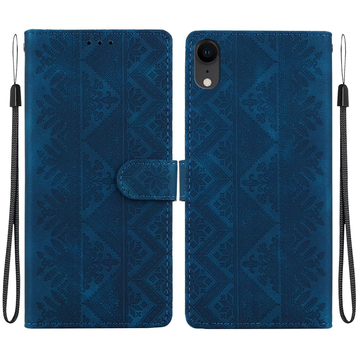 For iPhone XR Ethnic Pattern Embossed Vegan Leather Phone Case - Dark Blue - EDA009979031E