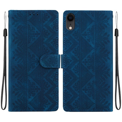 For iPhone XR Ethnic Pattern Embossed Vegan Leather Phone Case - Dark Blue - EDA009979031E