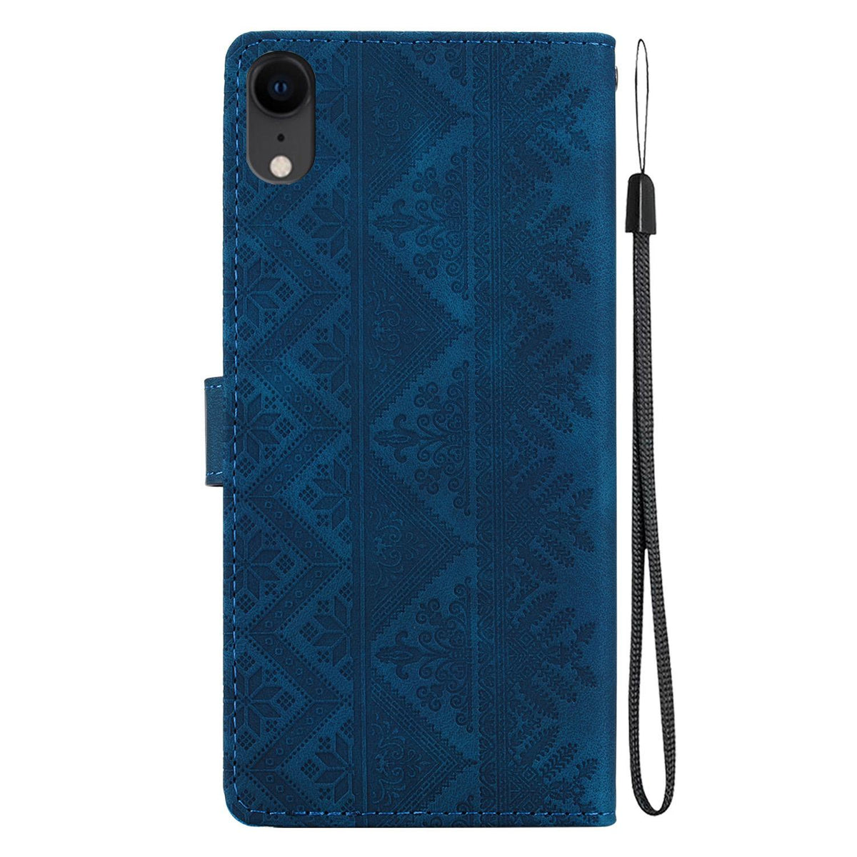 For iPhone XR Ethnic Pattern Embossed Vegan Leather Phone Case - Dark Blue - EDA009979031E