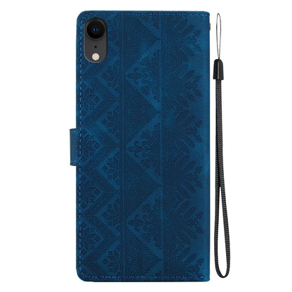 For iPhone XR Ethnic Pattern Embossed Vegan Leather Phone Case - Dark Blue - EDA009979031E
