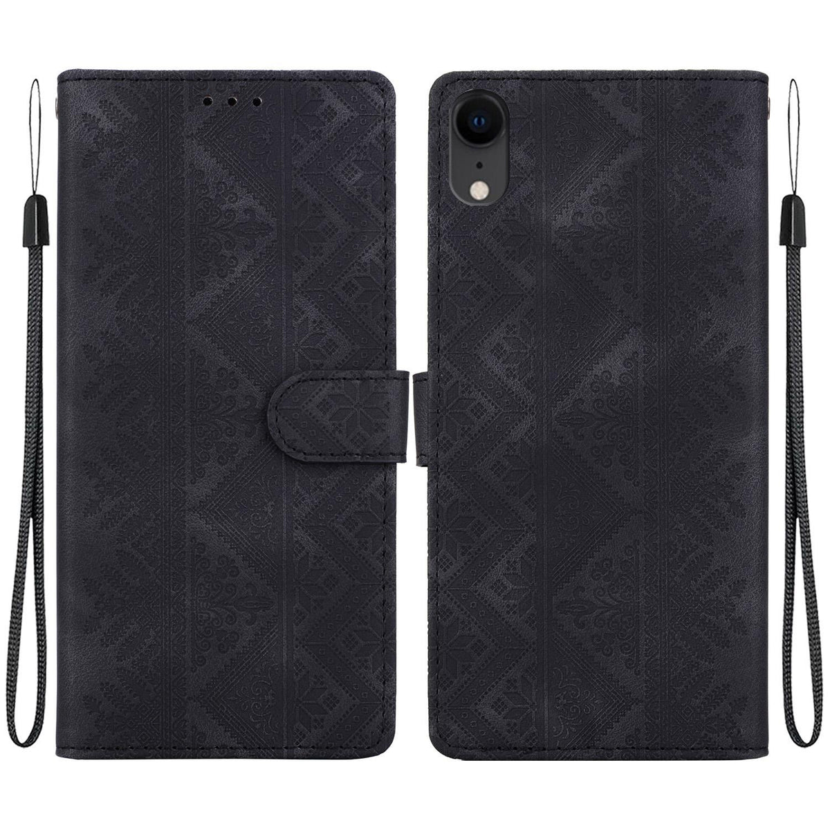 For iPhone XR Ethnic Pattern Embossed Vegan Leather Phone Case - Black - EDA009979031F