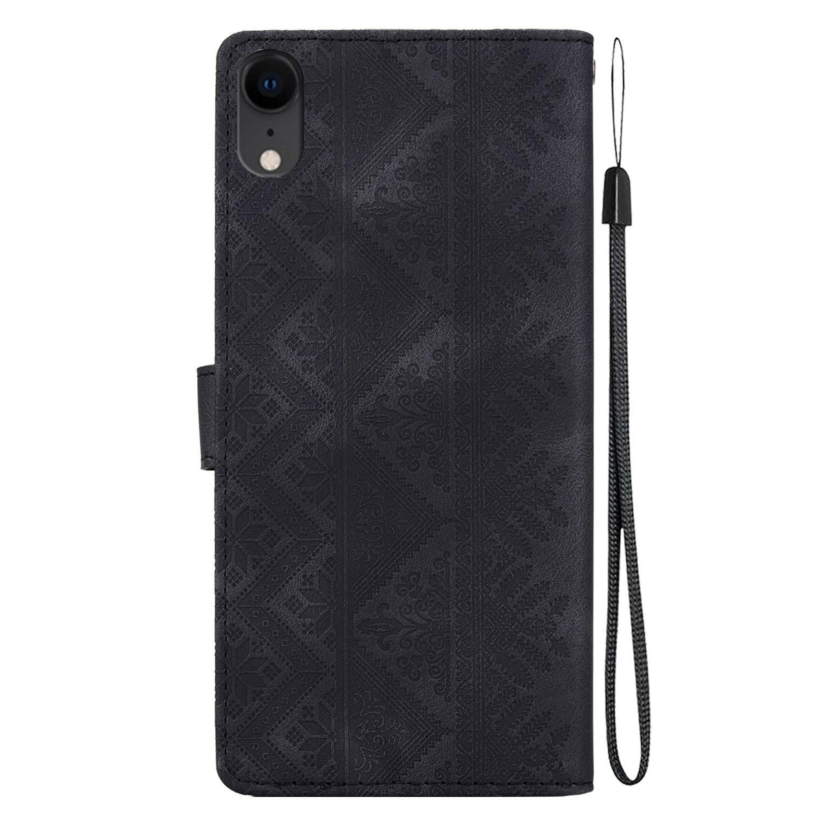 For iPhone XR Ethnic Pattern Embossed Vegan Leather Phone Case - Black - EDA009979031F