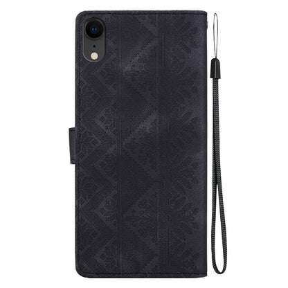 For iPhone XR Ethnic Pattern Embossed Vegan Leather Phone Case - Black - EDA009979031F