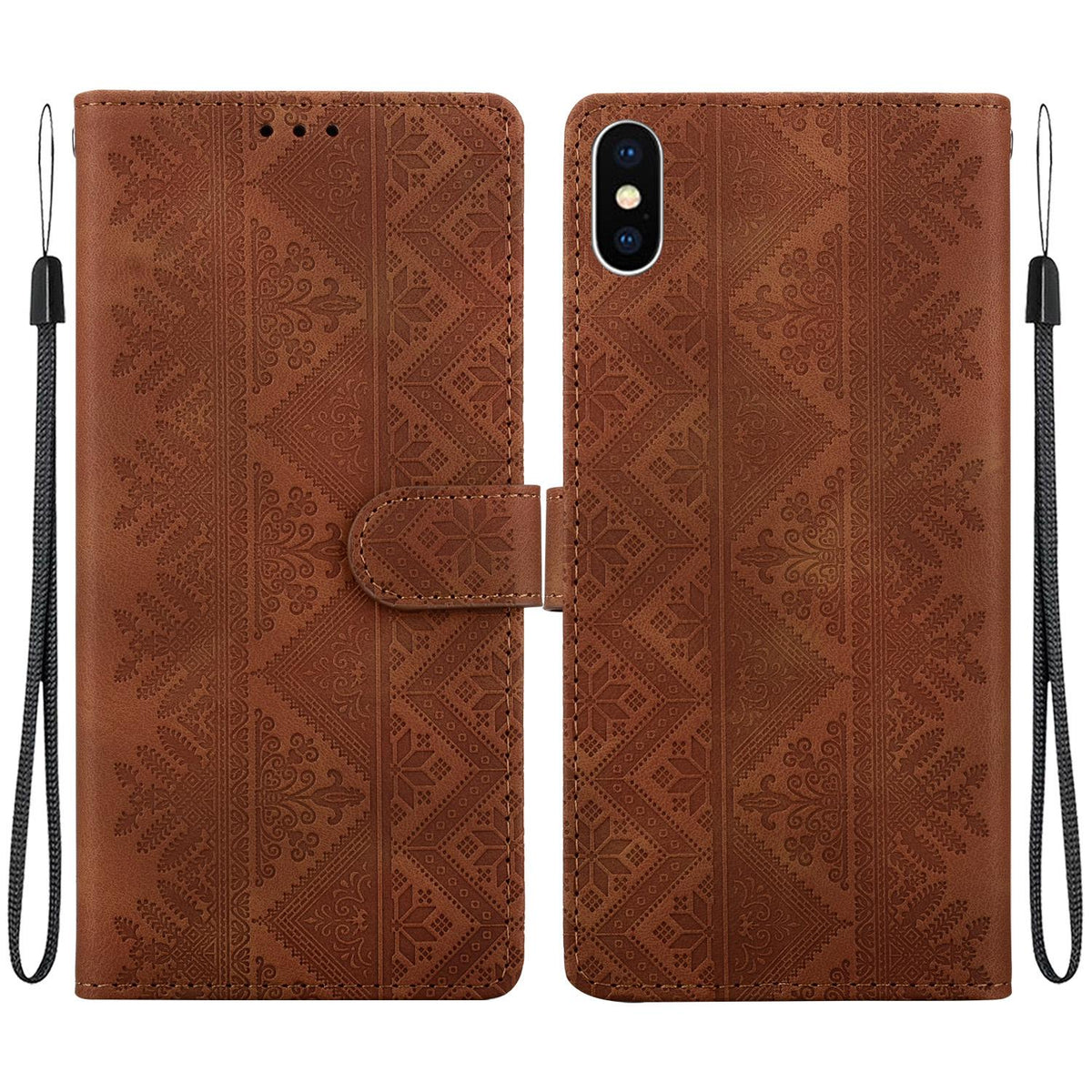 For iPhone X / XS Ethnic Pattern Embossed Vegan Leather Phone Case - Brown - EDA009979032A