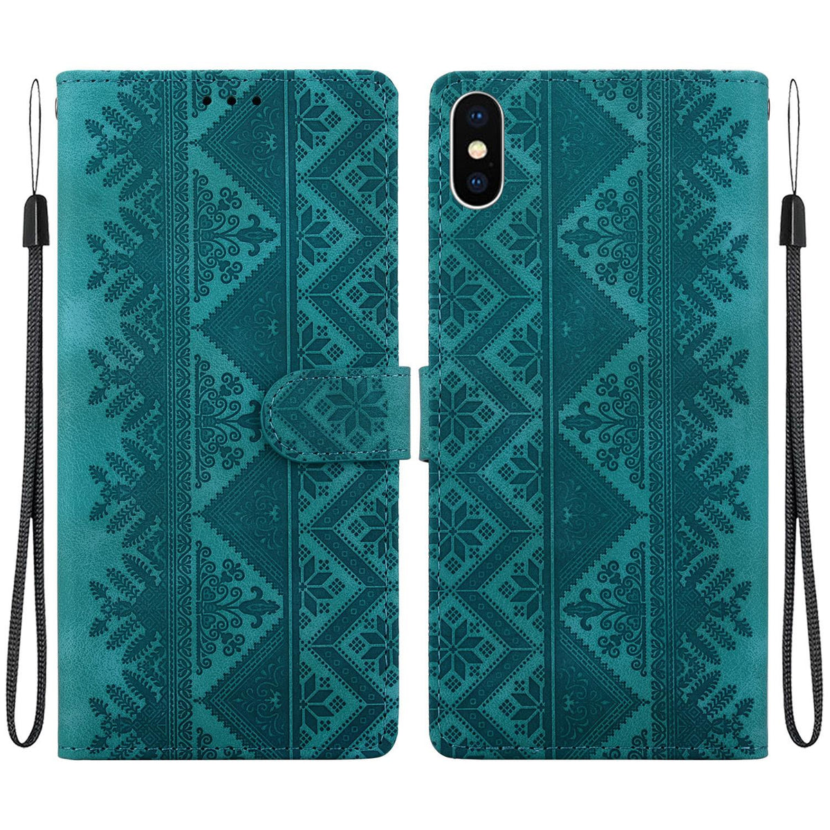 For iPhone X / XS Ethnic Pattern Embossed Vegan Leather Phone Case - Green - EDA009979032B