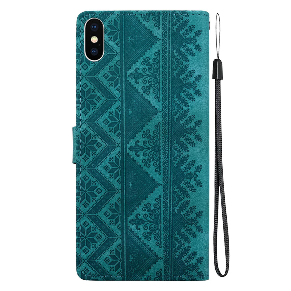For iPhone X / XS Ethnic Pattern Embossed Vegan Leather Phone Case - Green - EDA009979032B