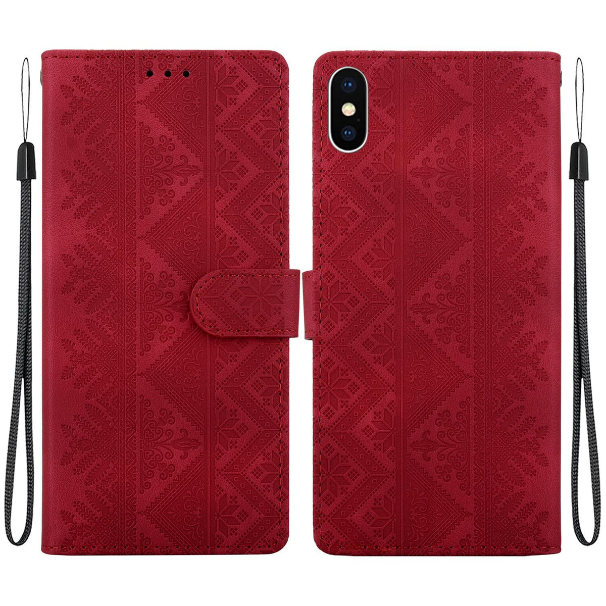 For iPhone X / XS Ethnic Pattern Embossed Vegan Leather Phone Case - Red - EDA009979032C
