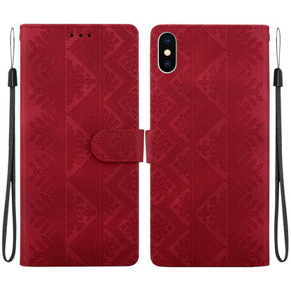 For iPhone X / XS Ethnic Pattern Embossed Vegan Leather Phone Case - Red - EDA009979032C