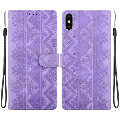 For iPhone X / XS Ethnic Pattern Embossed Vegan Leather Phone Case - Purple - EDA009979032D