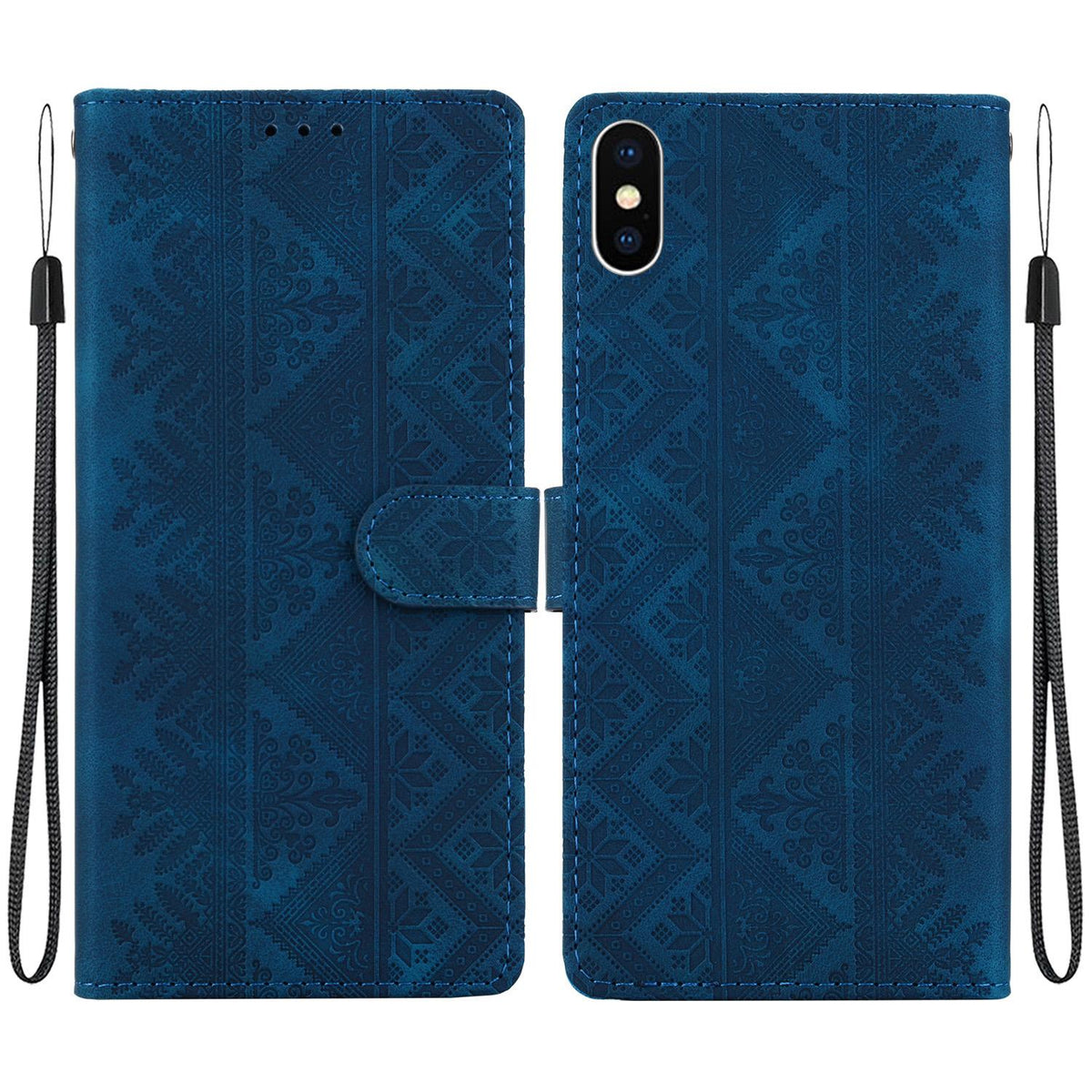 For iPhone X / XS Ethnic Pattern Embossed Vegan Leather Phone Case - Dark Blue - EDA009979032E