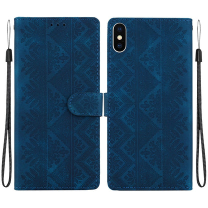 For iPhone X / XS Ethnic Pattern Embossed Vegan Leather Phone Case - Dark Blue - EDA009979032E
