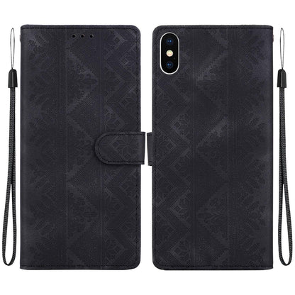 For iPhone X / XS Ethnic Pattern Embossed Vegan Leather Phone Case - Black - EDA009979032F