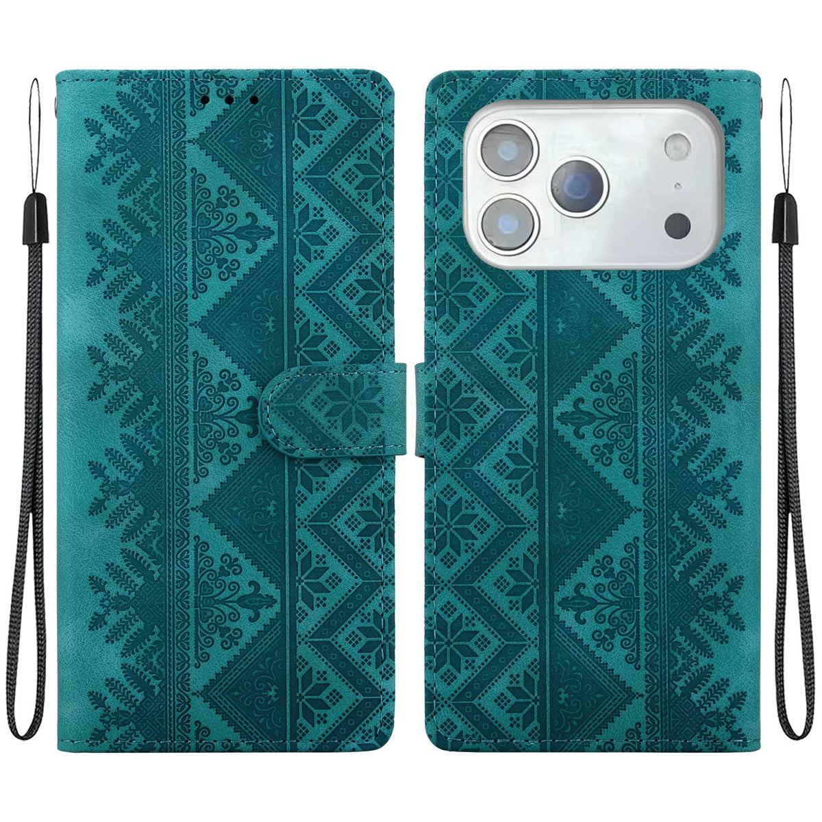 For iPhone 17 Pro Max Ethnic Pattern Embossed Vegan Leather Phone Case - Green - EDA009979033B