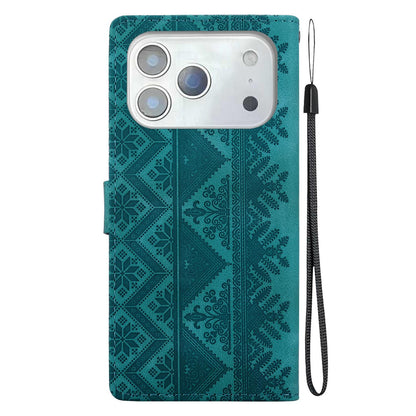 For iPhone 17 Pro Max Ethnic Pattern Embossed Vegan Leather Phone Case - Green - EDA009979033B