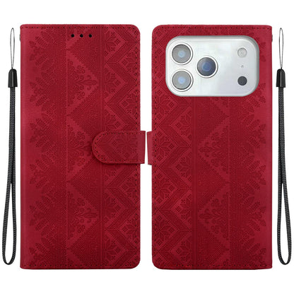 For iPhone 17 Pro Ethnic Pattern Embossed Vegan Leather Phone Case - Red - EDA009979034C