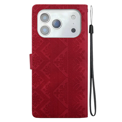 For iPhone 17 Pro Ethnic Pattern Embossed Vegan Leather Phone Case - Red - EDA009979034C