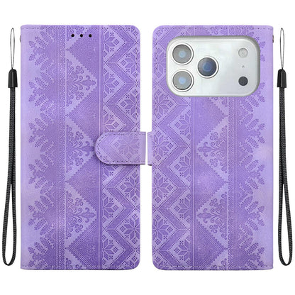 For iPhone 17 Pro Ethnic Pattern Embossed Vegan Leather Phone Case - Purple - EDA009979034D