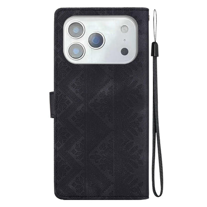 For iPhone 17 Pro Ethnic Pattern Embossed Vegan Leather Phone Case - Black - EDA009979034F