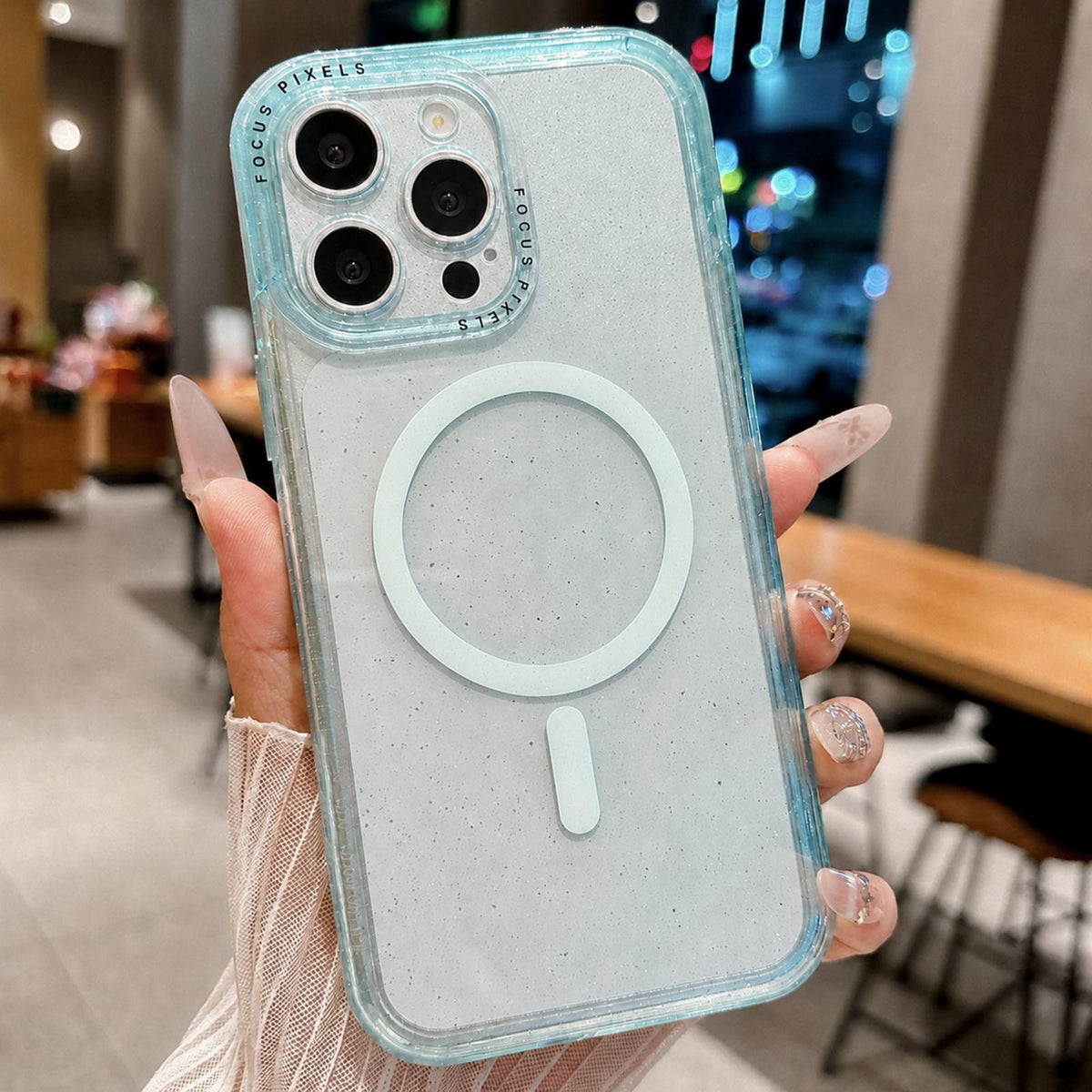 For iPhone 13 Pro Glitter Letter Lens Frame Magnetic Phone Case - Blue - EDA009979102D