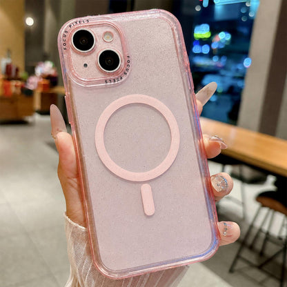 For iPhone 14 Glitter Letter Lens Frame Magnetic Phone Case - Pink - EDA009979104A