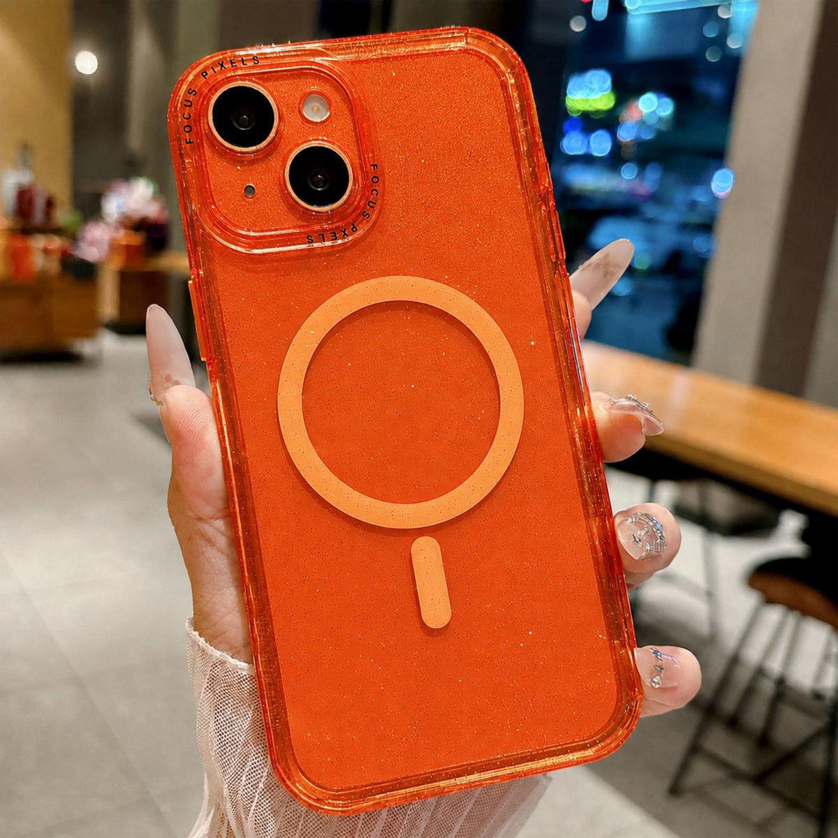 For iPhone 14 Glitter Letter Lens Frame Magnetic Phone Case - Orange - EDA009979104C