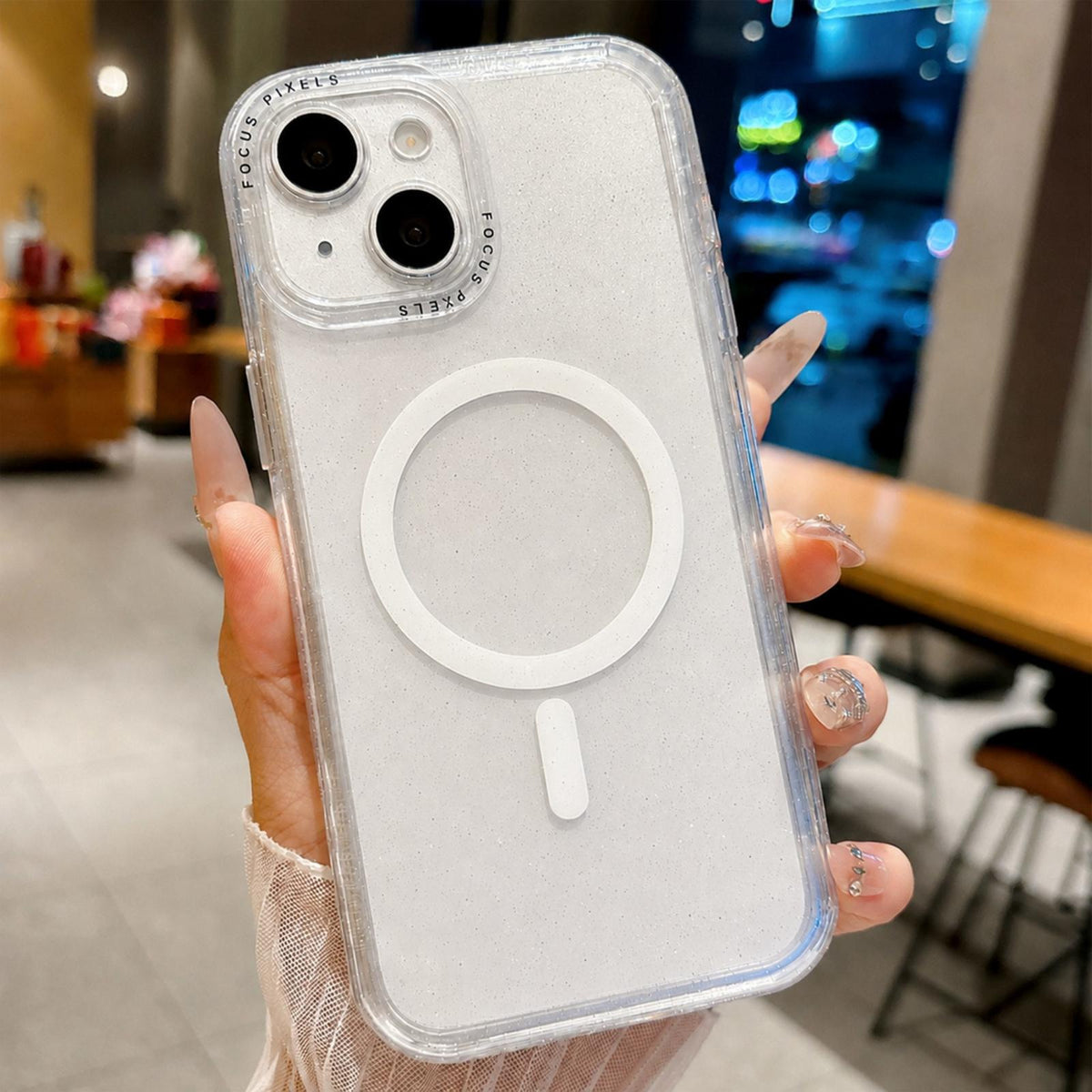 For iPhone 14 Glitter Letter Lens Frame Magnetic Phone Case - White - EDA009979104E