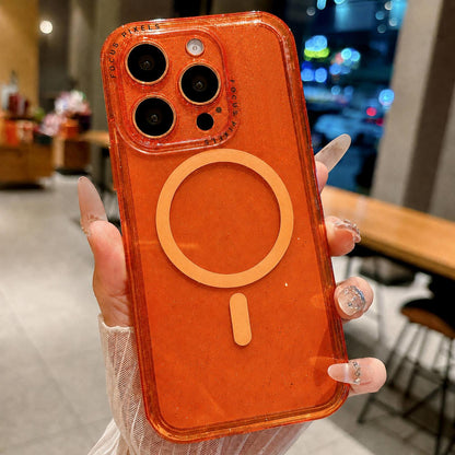 For iPhone 15 Pro Glitter Letter Lens Frame Magnetic Phone Case - Orange - EDA009979108C