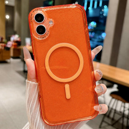For iPhone 16 Glitter Letter Lens Frame Magnetic Phone Case - Orange - EDA009979110C