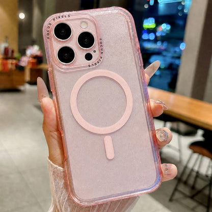 For iPhone 16 Pro Glitter Letter Lens Frame Magnetic Phone Case - Pink - EDA009979111A