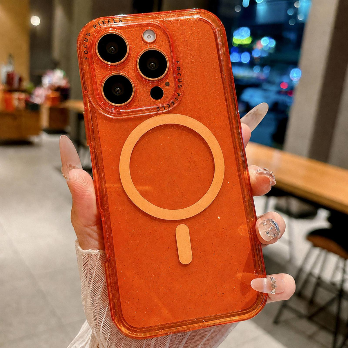 For iPhone 16 Pro Glitter Letter Lens Frame Magnetic Phone Case - Orange - EDA009979111C