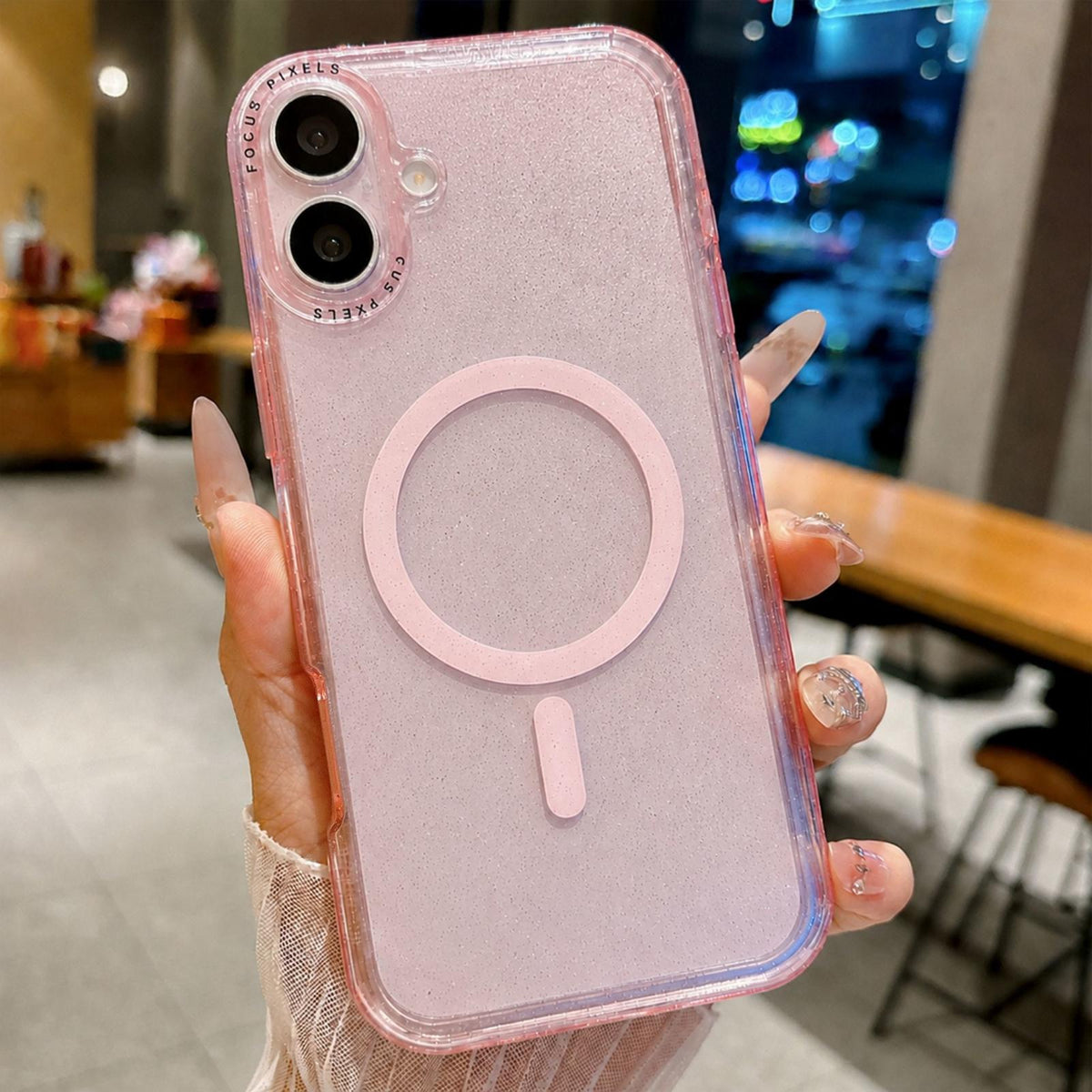 For iPhone 17 Glitter Letter Lens Frame Magnetic Phone Case - Pink - EDA009979113A